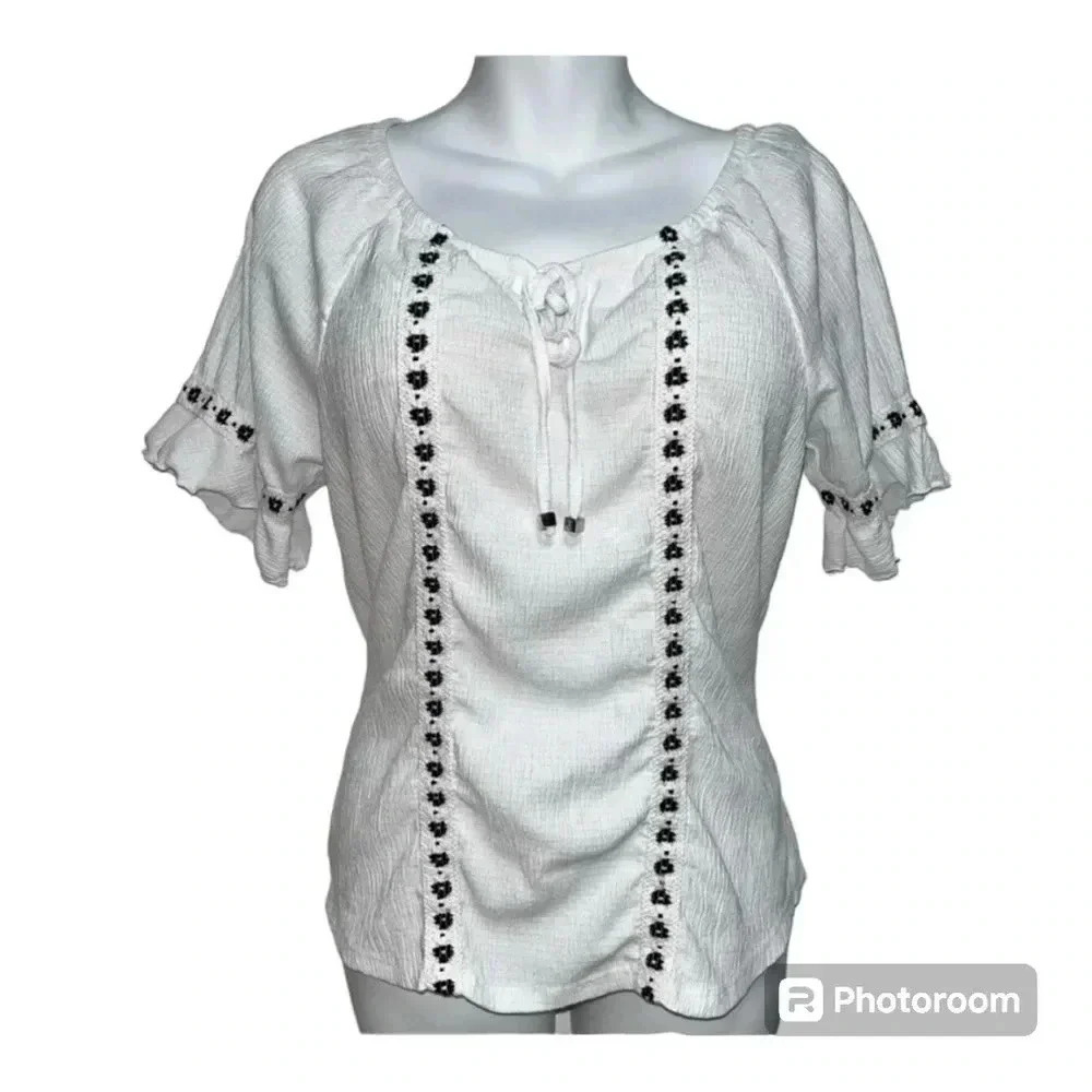 Adrienne Vittadini White "Black Floral" Details Short Sleeve Boho Blouse M